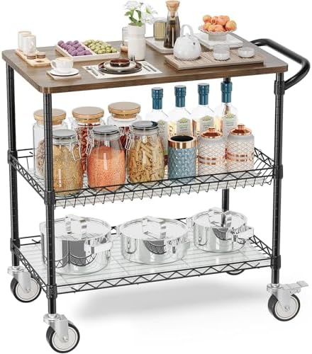 Rolling Kitchen Carts with Wheels, 3-Tier Utility Cart with Wood Tabletop by Leteuke