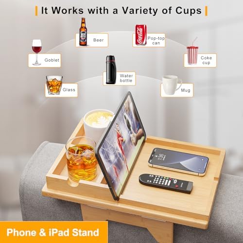 Bestjing 2 in 1 Bamboo Couch Cup Holder Tray with Double Holder Tray - Image 5