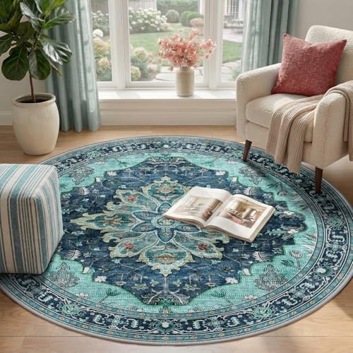 RELEANY Washable Area Rug, Round 4ft, Teal - Image 2