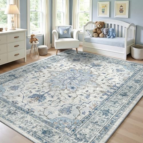 RELEANY Washable Area Rug, 5'x7', Blue/White/Gray by RELEANY