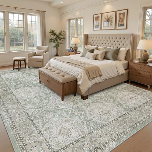 Soalmost 8x10 Area Rugs Large Washable Living Room Rug Non-Slip Green/Brown - Image 3