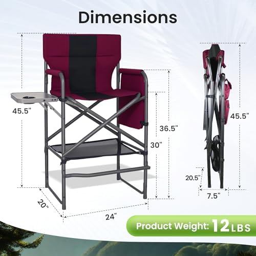 Tall Directors Chair 30" Seat Height, Bar Height Folding Chair with Side Table, Foldable Camping Chair with Side Pocket for Makeup Artist, Sports Event, Supports 400LBS - Red - Image 2