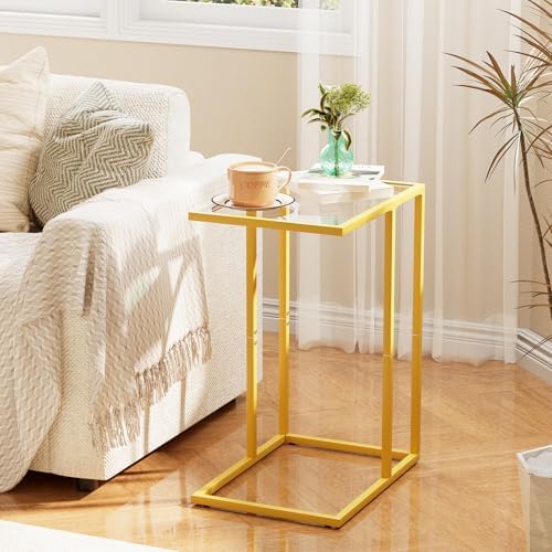 C Table Side End Table, Small C Shaped Table for Sofa,Glass Couch Sofa Tray Snack Table for Living Room, Bedroom,TV Tray Table for Small Space,Accent Coffee Table,Nightstand with Metal Frame(Yellow) - Image 2