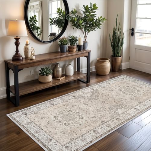 Hallway Washable Runner Rug - 3x6 Kitchen Rugs Entryway Rug Runner Vintage Soft Floor Mat Non Slip Indoor Farmhouse Carpet for Bathroom Living Room Bedroom (3 X 6, Beige) - Image 6