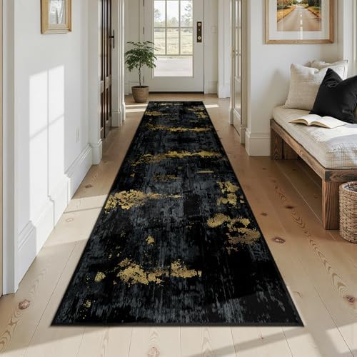 RELEANY Washable Runner 2'6"x12' Abstract Area Rug for Hallway Black Gold - Image 2