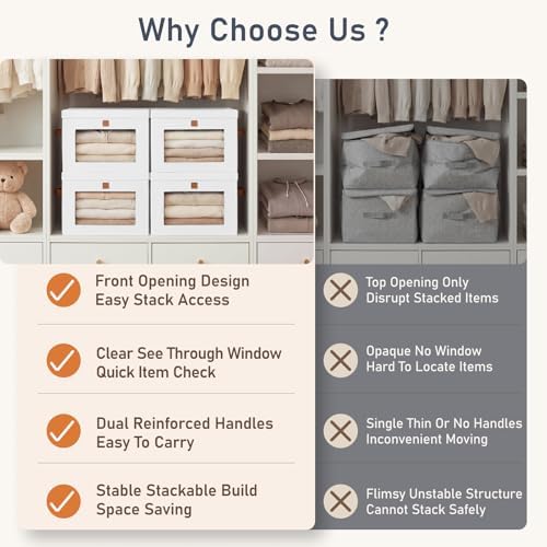 DIMJ Storage Bins with Lids - 6 Pack Front Opening Stackable Fabric Storage Boxes with Clear Window & Handles, Collapsible Closet Organizers for Clothes, Sweaters, Shelf Storage, Bedroom, White - Image 3