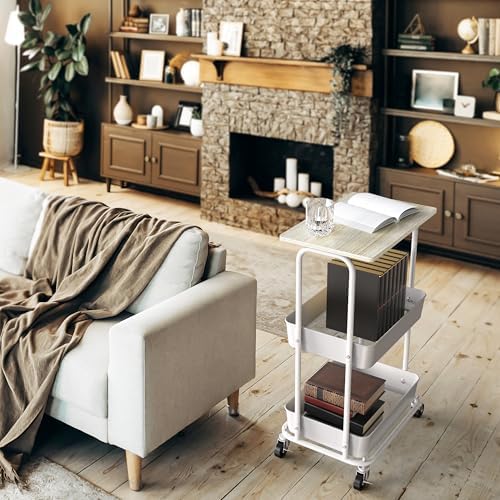 Simple Houseware 2-Tier Rolling Utility Cart Wood Top/Lockable Wheel, Maple - Image 5