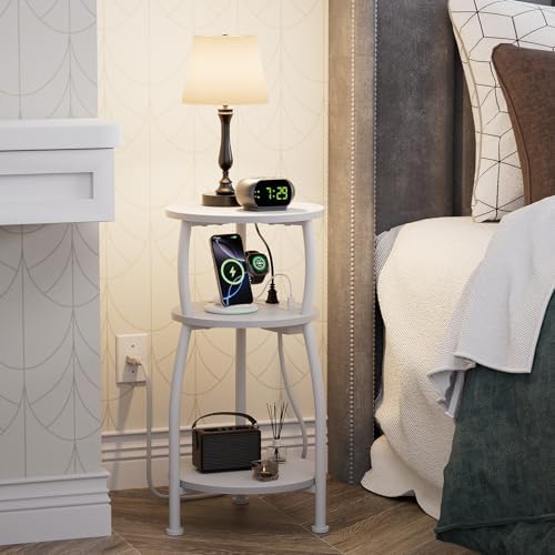 Round Side Table with Charging Station, Small Spaces Nightstand - Image 2