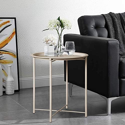 VECELO Side/End Table, Folding Round Metal Anti-Rust and Waterproof Outdoor or Indoor Tray for Living Room Bedroom Balcony and Office, 2 PCS, Grey - Image 2