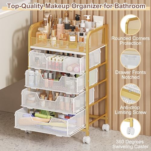 Hongtamoya Makeup Cart Organizer with 4 Drawers, Large Floor Skincare Organizers, Vanity Storage Organizer Cosmetics Display Cases for Skin Care Perfume Nail Polish, Gold - Image 4