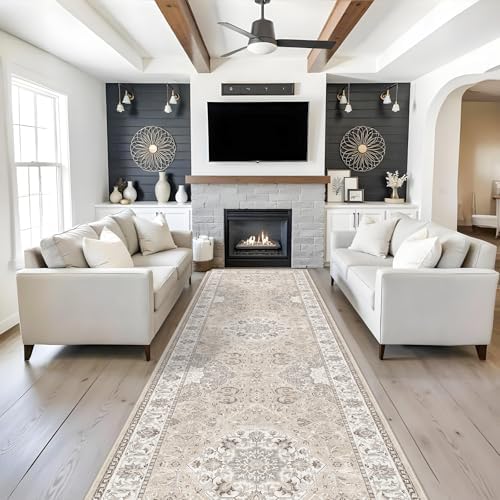 Washable 4x12 Wide Hallway Runners: 12ft Vintage Soft Runner Rug for Entryway Living Room Non Slip Water Resistant Carpet for Kitchen Dining Room Ultra Thin Nursery Bedroom Area Rug(Beige,4x12) by HYHAOYUNLAI