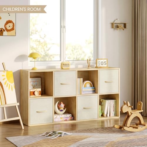 EXPERLAM 8 Cube Storage Organizer - Solid Wood Bookshelf with 4 Storage Bins, Cube Shelf with 2 Removable Back Panels, Vertical or Horizontal Bookcase, Open Book Shelf for Bedroom, Living Room, Office - Image 2