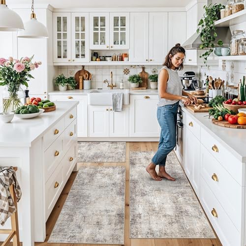 Kitchen Mats for Floor 3 Piece Set,Non-Slip Washable Kitchen Mats for Hardwood Floor, Boho Farmhouse Runner Rug for Sink,Entryway & Hallway & Bathroom (Brown Grey Beige, 2x3+2x4+2x5) - Image 3
