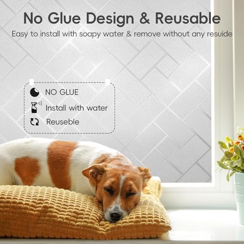 Frosted Glass Window Film Sun Blocking Window Tinting Film for Home, Static Clings Removable Frosting Bathroom Door Window Covering, 17.5 inch x 157.4 inch, White-Grid - Image 5