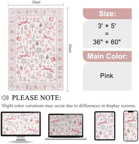 DUKINO 3x5 Rug, Washable Animal Area Rug for Bedroom Non Slip, Pink - Image 2