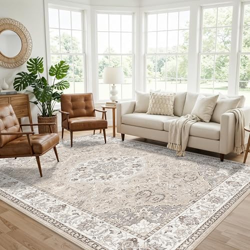 Living Room 6x9 Area Rugs: Farmhouse Washable Ultra Soft Carpet for Bedroom Nursery Indoor Vintage Stain Resistant Rug for Dining Room Non-Slip Durable Neutral Floor Mat for Pet Owners(6x9 Beige) - Image 4
