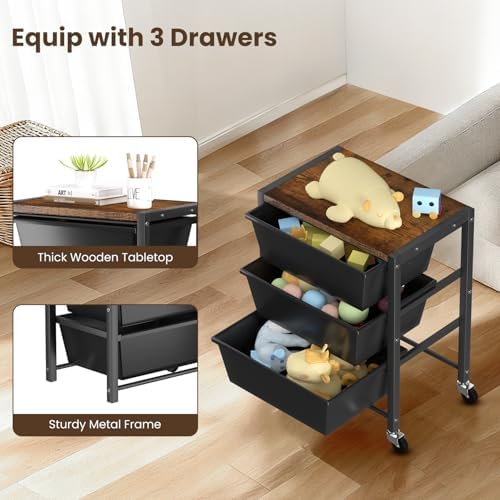 Rolling Cart with 3 Drawers, Plastic Drawer Storage Carts with Lockable Wheels & Wooden Tabletop, Metal Utility Cart Organizer, Office Bedroom Classroom Craft Organization and Storage, Dark Black - Image 5