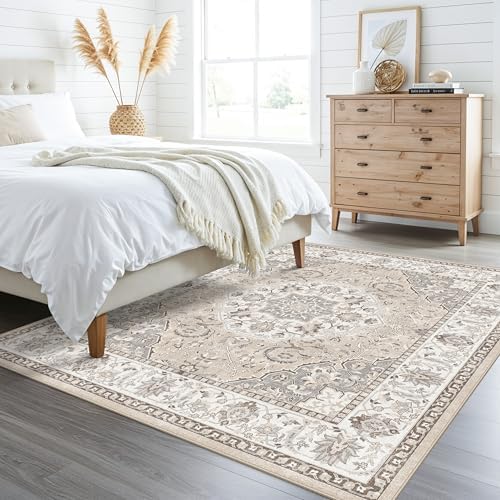 Living Room 8ft Square Area Rug: Machine Washable Large Vintage Soft Rug Stain Resistant Non Slip Floor Carpet for Bedroom Playroom Indoor Farmhouse Home Decor Mat for Office Dining Room(8x8,Beige) - Image 4