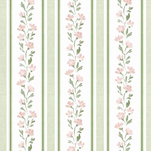 Safiyya Wallpaper Peel and Stick Stripe Floral Wall Paper Removable Green Pink Contact Paper 17.7''x197'' Waterproof Self Adhesive Vinyl Boho Wallpaper for Bedroom Living Room Decor by SAFIYYA