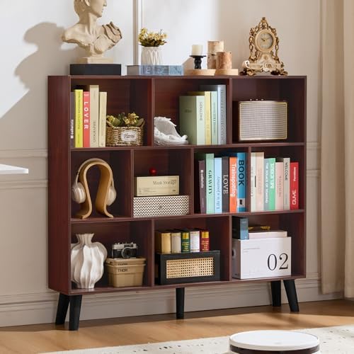 LEYAOYAO 10 Cube Bookshelf, Mid-Century Modern Book Shelf with Legs, Walnut by LEYAOYAO-Findtheshiningpointofyourideallife%EF%BC%81