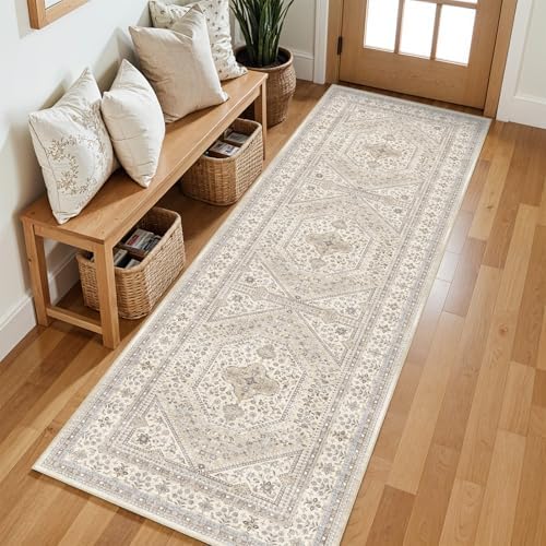 2x6 Washable Hallway Runner Rug - Non-Slip Vintage Throw Rugs Beige Gray - Image 3
