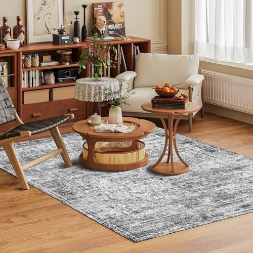 Washable Area Rug 3' x 5 ' Vintage Traditional Persian Mat - Foldable Distressed Non-Slip Machine Washable Carpet for Living Room Bedroom Kitchen Home Decor - Graphite and Mist - Image 2
