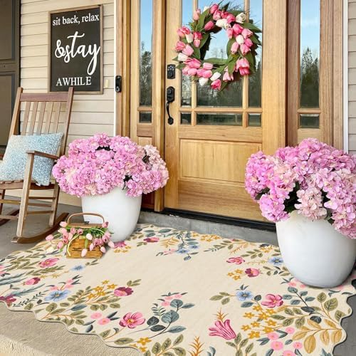 Colorful Floral Entry Rug - 3x5 Ft Washable Indoor Outdoor Front Door Mat Outside Entrance Front Porch Mat Non-Slip Boho Throw Rugs for Living Room Bedroom Entryway Kitchen Office Porch Decor - Image 4