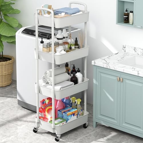 Sywhitta 4-Tier Plastic Rolling Utility Cart with Wheels for Storage,White - Image 6