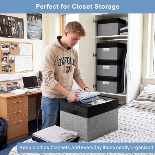 Large 17" 42 Quarts Collapsible Stackable Storage Bins with Lids [3-Pack] Foldable Fabric Linen Storage Boxes Cube, Closet Organizer Baskets with Label for Home (16.7 x 12 x 12", Black & Gray) - Image 3