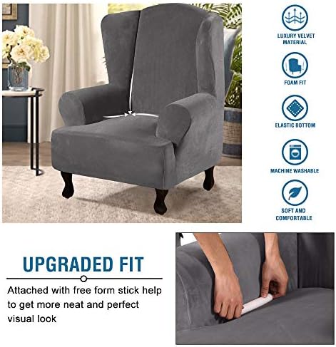 H.VERSAILTEX Wingback Chair Covers Velvet Plush Wing Chair Slipcover 1 Piece High Stretch Wing Back Chair Slipcovers Sofa Cover Furniture Cover with Elastic Bottom, Grey - Image 4