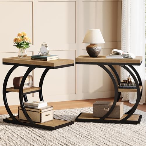 Tribesigns End Table Set of 2, 3-Tier Narrow Wood Couch C-Shaped Side Table with Storage, Industrial Nightstand for Bedroom, Small Spaces, Natural by Tribesigns