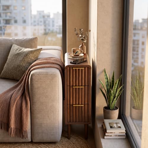 Narrow Nightstand with 3 Drawers, Slim Bedside Table with Fluted Drawer Fronts and Gold Handles, Skinny Side Table for Sofa Side, Bedroom, Small Spaces, Wood Grain Accent Table - Image 3