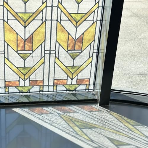 Faux Stained Glass Effect Transparent Window Film, Original Hand Drawn Static Cling for Sidelight Door Glass Decor Inspired by Frank Lloyd Wright, 11.02" x55.12" Martin House, Boho by Flortlias