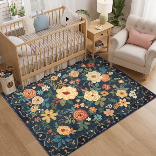 DUKINO 4x5 Area Rug for Entryway, Floral Washable Rug Non Slip, Navy Blue - Image 3