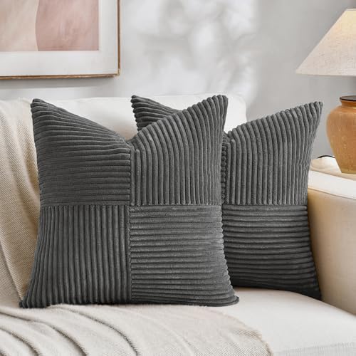 Fancy Homi 2 Packs Dark Gray Euro Decorative Throw Pillow Covers 26x26 Inch for Couch Bed Sofa, Rustic Farmhouse Boho Home Decor, Soft Corss Corduroy Patchwork Textured Square Cushion Case 66x66 cm by Fancy+Homi