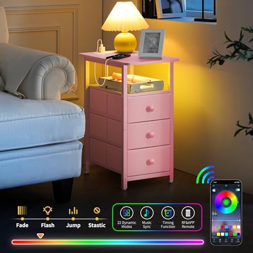 Yoobure End Table with Charging Station, Pink Narrow Nightstand LED Bedside Table, Small Night Stand End Tables Living Room, Skinny Nightstand with 3 Fabric Drawers, Side Table for Small Spaces - Image 4