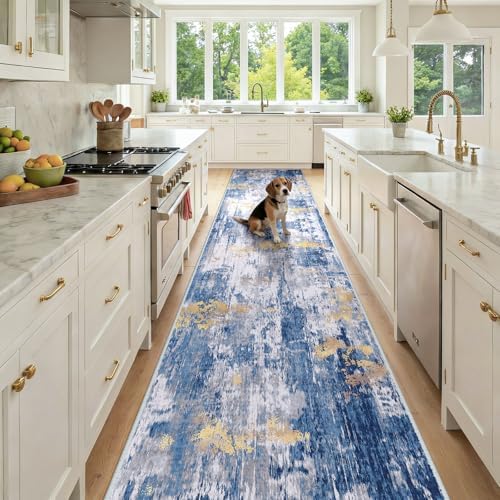 RELEANY Washable Runner 3'x12' Abstract Area Rug for Hallway Blue Gold by RELEANY