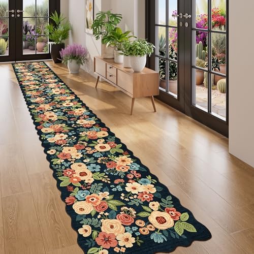 DUKINO 2x14 Hallway Runner Rug, Floral Washable Kitchen Rug, Navy Blue - Image 5