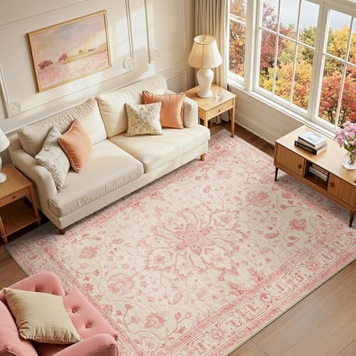 RELEANY Washable Area Rug, 6'x9', Pink/Light Vintage Pink by RELEANY