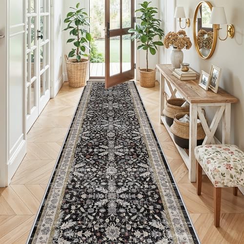 3x12 ft Long Hallway Runner Rug - Non-Slip Washable Soft Kitchen Rug with Rubber Backing,Boho Floral Low Pile Floor Carpet Runner for Entryway,Bedroom,Living Room（Black,3x12） by BYYVOORugsforYourHome