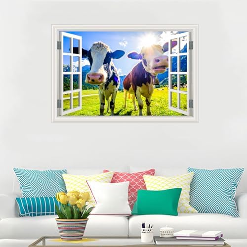 Fake Window Wall Decal - Funny Peeking Farm Cow Grassland Scene Art Sticker | ｜Faux Window Natural Scenery Landscape Mural ｜ Stick and Peel Wall Decals｜Room Bedroom Office Decor｜48"x32",Set of 2 Sheets - Image 2