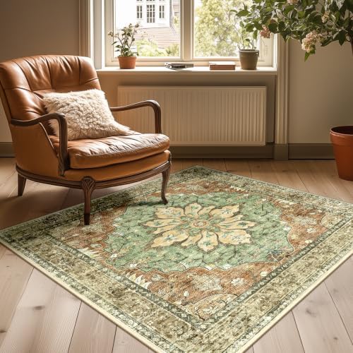 RELEANY Washable Area Rug, Square 4'x4', Brick/Brown/Green - Image 2