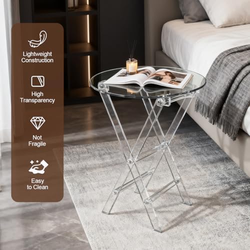 Acrylic Round Folding Side Table, Clear, Space Saving, Foldable X-Base Design for Living Room - Image 3