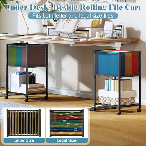 Sbanmao Letter/Legal Rolling File Cart, Narrow Mobile File Cabinet with Wheels Hanging Files, Metal Hanging File Folder Cart File Organizer Under Desk Storage for Home Office, Black - Image 2