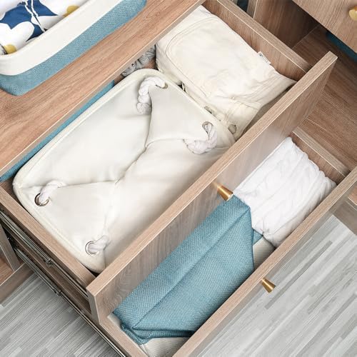 TheWarmHome Fabric Storage Bins Baskets for Organizing,Sturdy Storage Basket W/Handles, Decorative Foldable Storage Baskets for Shelves Closet Nursery Toy (White&Teal, Medium - 3 Pack) - Image 5