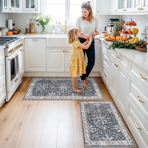 Kitchen Mats Set of 2 Washable Non-Slip – Soft Low Pile Boho Decorative Runner Rugs for Kitchen Floor, Sink & Stove, Kitchen Decor (Blue, 2x3+2x4) - Image 3