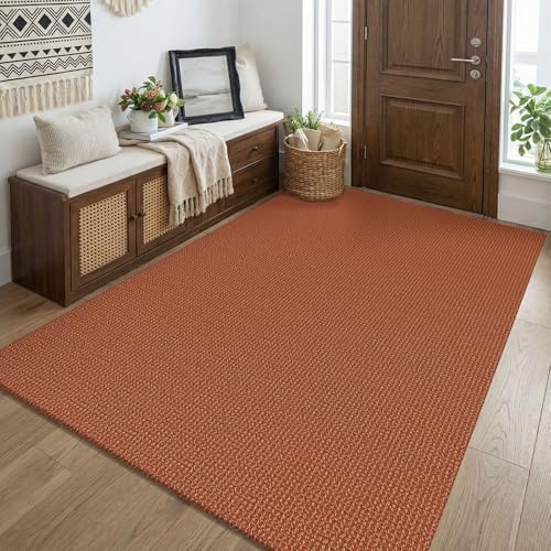 KOZYFLY Orange Washable 4x5 Entry Woven Area Rug, Braided Throw Rugs for Entryway, Non Slip Door Mat Indoor Entrance, Flatweave Carpet for Foyer, Bedroom, Dining, Office, Burnt Orange/Tan by KOZYFLY
