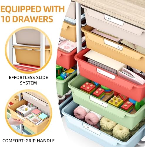 10 Drawer Rolling Storage Cart with Wood Top for Classroom Crafts Colorful - Image 4