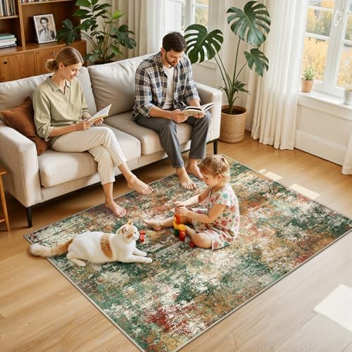 RELEANY Washable 4'x6' Abstract Area Rug for Living Room Green Multi - Image 2
