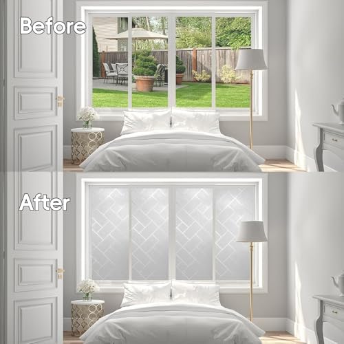 Frosted Glass Window Film Sun Blocking Window Tinting Film for Home, Static Clings Removable Frosting Bathroom Door Window Covering, 35.4 Inchx 98.4 Inch, White-Grid - Image 4